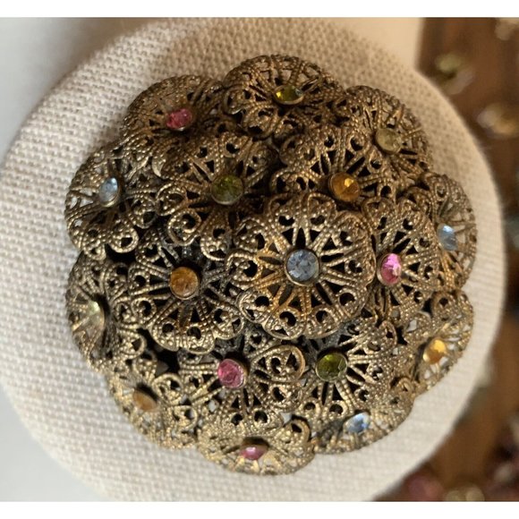 Vintage Czech Brass and Rhinestone Domed Filigree Pin Brooch - Picture 6 of 10